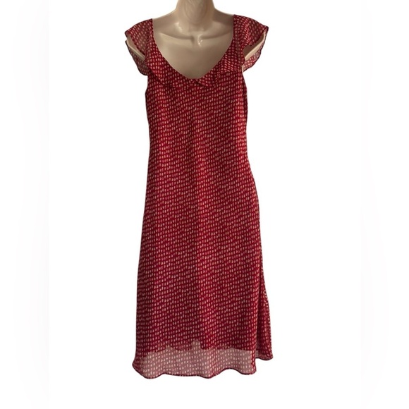 Vtg B.Moss Red Ditsy Floral Ruffle V-Neck Dress Feminine Romantic Sz M - Picture 4 of 5